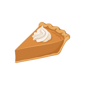 Slice of pumpkin pie with whipped cream topping, flaky crust, isolated vector illustration