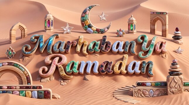 Polished Marhaban Ya Ramadan letters rest across peach dunes with arches, lanterns, stars, and a jeweled crescent above