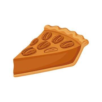 Pecan pie slice with whole pecans, flaky crust, isolated vector illustration for Thanksgiving