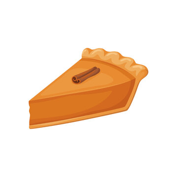 Pumpkin pie slice topped with cinnamon stick, flaky crust, isolated vector illustration