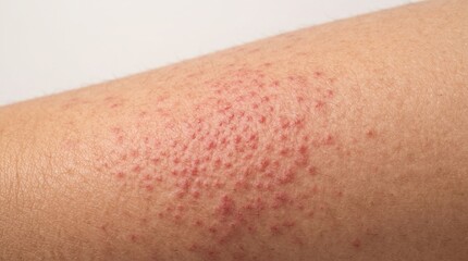 Fototapeta premium Close up of keratosis pilaris chicken skin with dense red itchy bumps on human arm skin