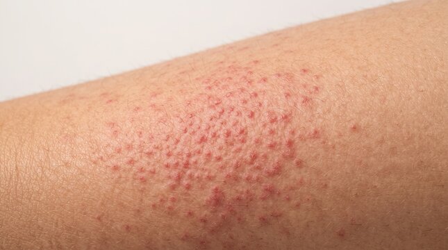 Close up of keratosis pilaris chicken skin with dense red itchy bumps on human arm skin