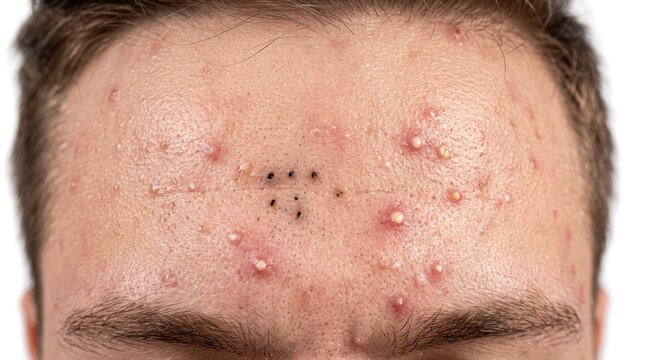 Close up of male forehead with severe acne breakouts whiteheads pustules and blackhead extraction marks