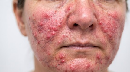Naklejka premium Close up of senior woman face with extreme severe pustular rosacea rhinophyma and telangiectasia broken capillaries