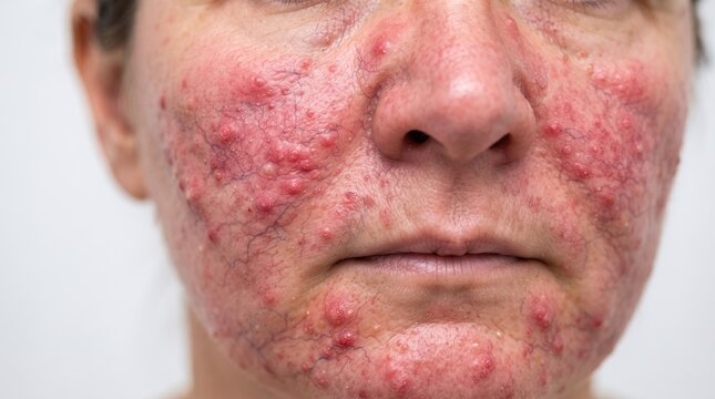 Close up of senior woman face with extreme severe pustular rosacea rhinophyma and telangiectasia broken capillaries
