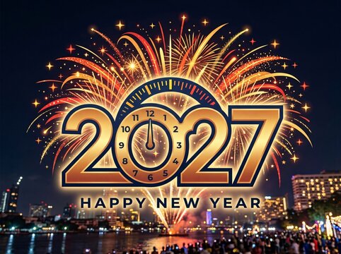 New year 2027 countdown celebration with fireworks over city skyline, countdown