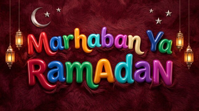Glossy multicolored Marhaban Ya Ramadan letters stand out on rich burgundy fur with lanterns, crescents, and stars