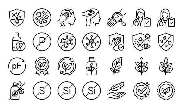 Natural Cosmetic Safety Linear Icons with Paraben Free Alcohol Free and Dermatology Tested Symbols