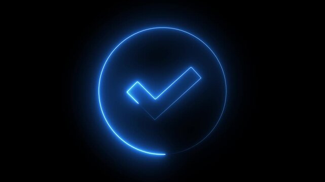 Glowing blue neon checkmark animation in circle frame for success and approval concept tick