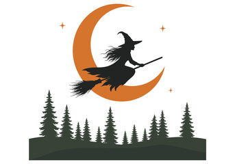 Fototapeta premium Silhouette of a witch flying on a broomstick in front of a crescent moon