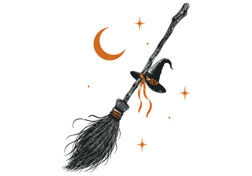 Vintage style illustration of a witch's broom with hat and crescent moon