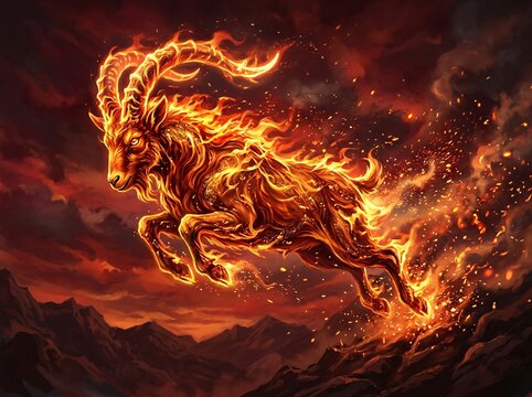 Majestic goat made of burning flames jumping over rocky mountainous terrain