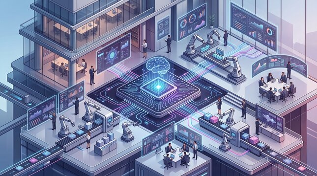 Isometric view of futuristic smart factory with AI brain processor and robotic manufacturing lines