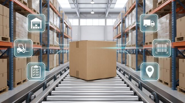 Warehouse logistics with digital icons for tracking and delivery
