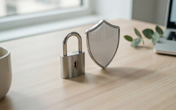 Metallic padlock standing beside protective shield concept symbolizing digital cybersecurity measures on wooden office desk with padlock positioned next