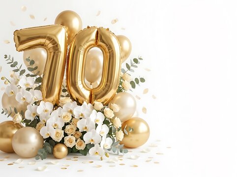 70th birthday celebration with gold number balloons and white flowers isolated on white background