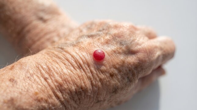 Close up of a bright red cherry angioma or pyogenic granuloma nodule on the wrinkled hand of a senior person