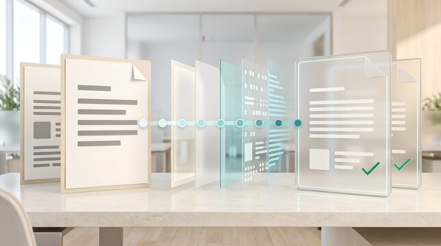 Digital document workflow with holographic interface and checklist