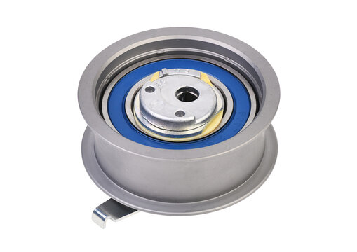 Car engine timing belt tensioner pulley isolated on white background.