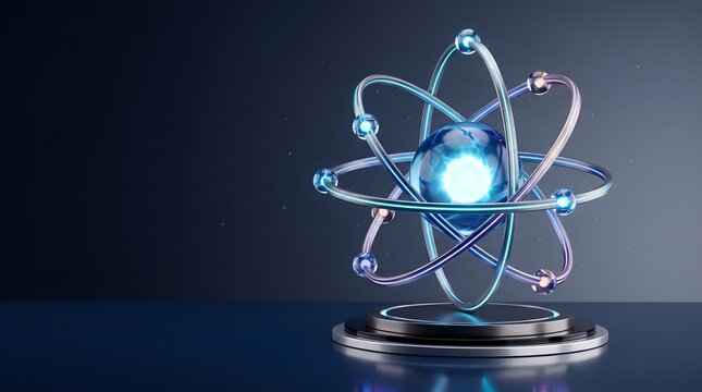 Abstract atom model with glowing nucleus and orbiting electrons