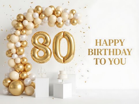 80th birthday celebration background with gold foil balloons and cake