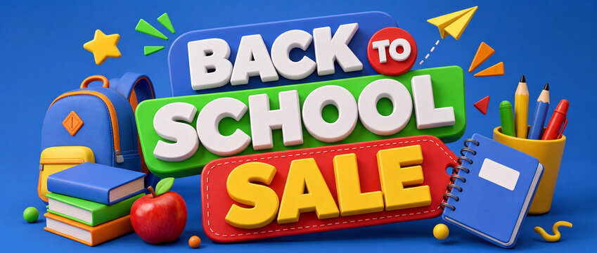 Colorful 3D banner graphic of back to school sale with backpack, books, apple, pencils, notebook and supplies on blue background