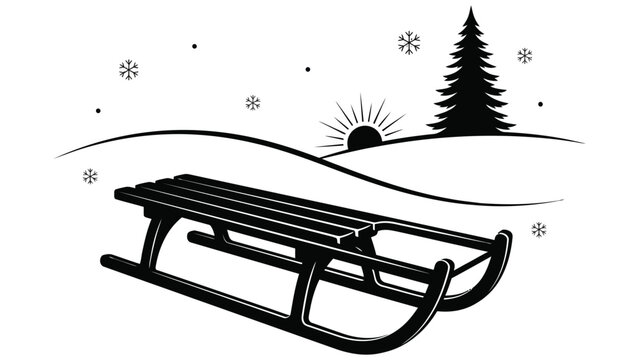 Black silhouette of wooden sled on winter landscape with pine tree and snowflakes set