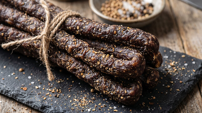 Bundle of Dried South African Dro&euml;wors Sausages Tied with Twine Close-Up