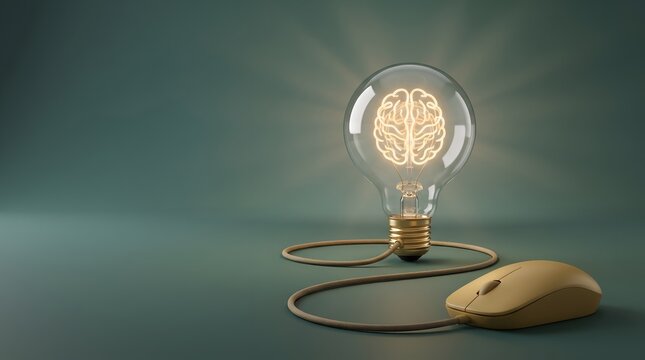 Light bulb with glowing brain filament connected to computer mouse
