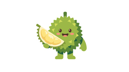 Fototapeta premium Durian mascot holding a fresh yellow fruit slice stands on a white background.