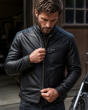 Man in a black leather motorcycle jacket zipping up outdoors