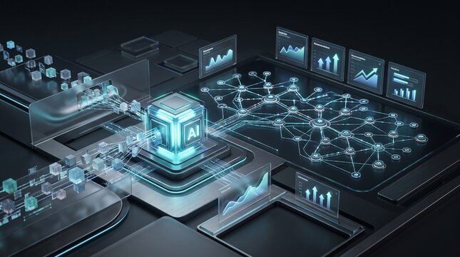 Central AI processing unit with glowing digital network connections and data visualization charts