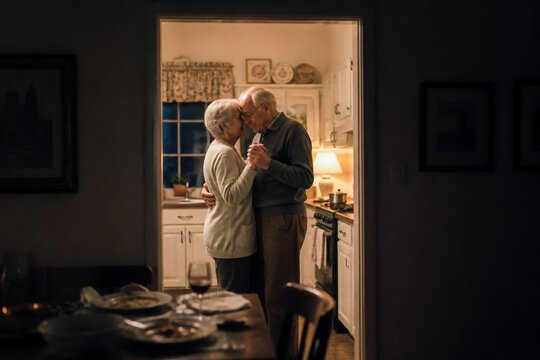 Elderly couple dancing in the kitchen during a quiet evening, showcasing love and companionship.