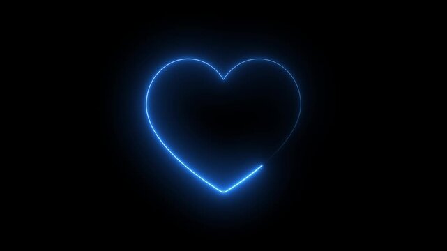 Glowing blue neon heart shape outline animation on black background, for romantic and, digital light