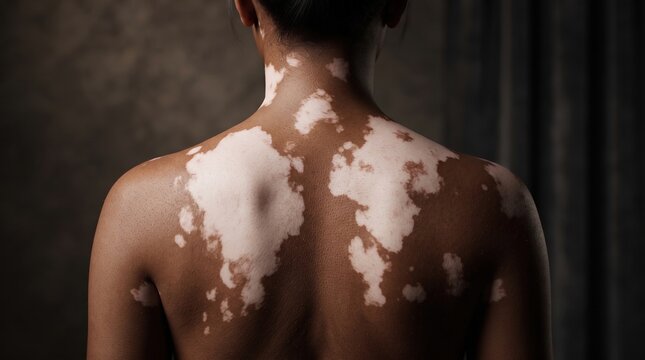 Rear view of African American woman back showing extensive vitiligo skin depigmentation