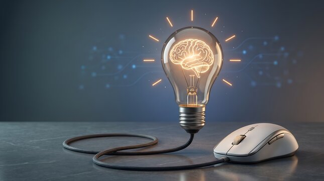 Light bulb with glowing brain inside connected to computer mouse