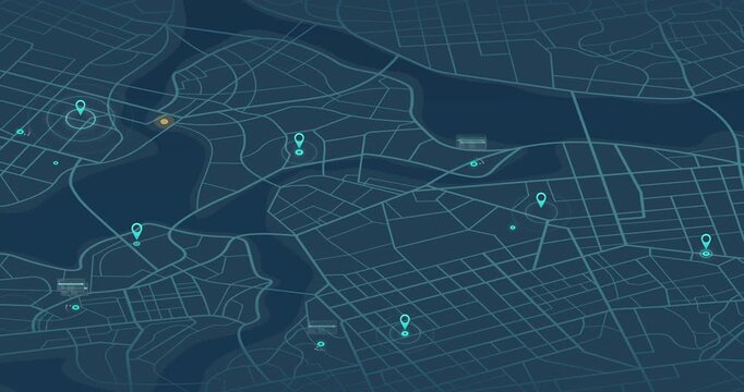 GPS tracking interface with radar rings and data panels on city map