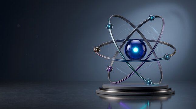 3d atom model with glowing blue nucleus and orbiting electrons