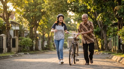 Fototapeta premium Elderly couple enjoying a sunny afternoon walk together pushing a bicycle on a quiet street.