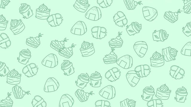Seamless pattern background with hand drawn sushi rolls and onigiri rice balls in light green.