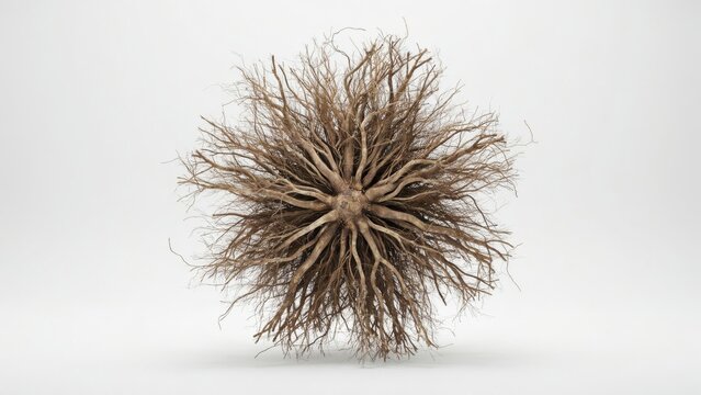 A spherical root system with intricate branching isolated on white background