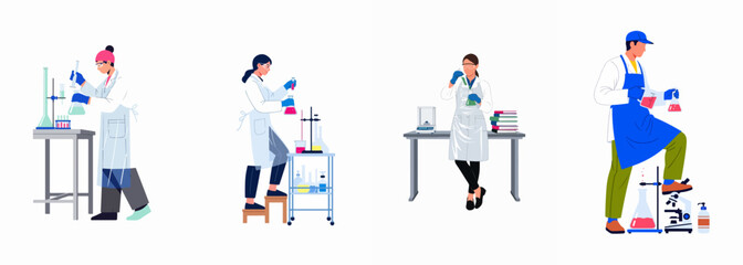 Fototapeta premium Flat vector illustration set of diverse scientists and laboratory researchers working with chemical flasks, microscopes, and lab equipment on white background.