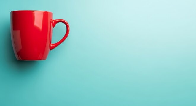 A bright red ceramic coffee mug isolated on a solid light blue background with copy space