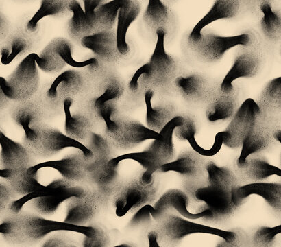 Seamless abstract doodle pattern with jet black airbrush spray effect on cream background, textile print.