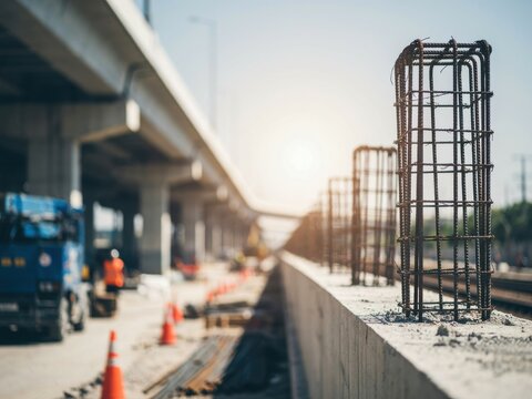 Steel rebar cages on a construction site under an elevated highway bridge at sunset.