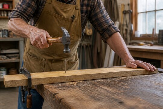 Carpenter using a vintage hammer to drive a nail into a wooden board in a workshop