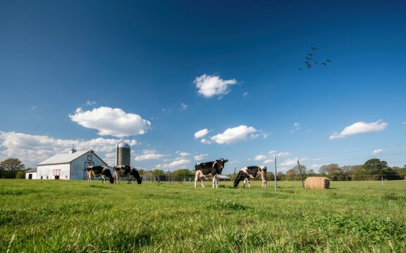 Holstein dairy cattle grazing on lush green pasture beside traditional white farmhouse with captures peaceful rural grazing sunny field rural scene black