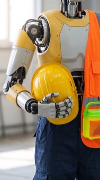 A detailed humanoid robot in an industrial workshop holding a yellow hard hat and carrying a tool case, demonstrating safe automation in modern manufacturing.