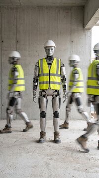 A static AI supervisor robot in high-vis gear observes multiple motion-blurred android workers navigating an unfinished concrete construction site floor.