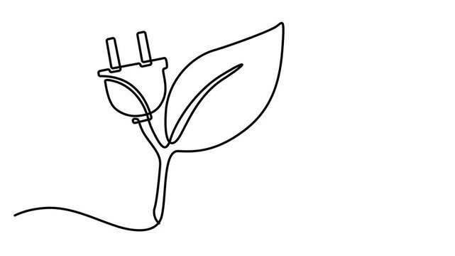 Animated self drawing of Continuous one line drawing of Eco friendly power plug, green energy symbol, sustainable electricity, renewable power icon, Full length one line animation. 4K video